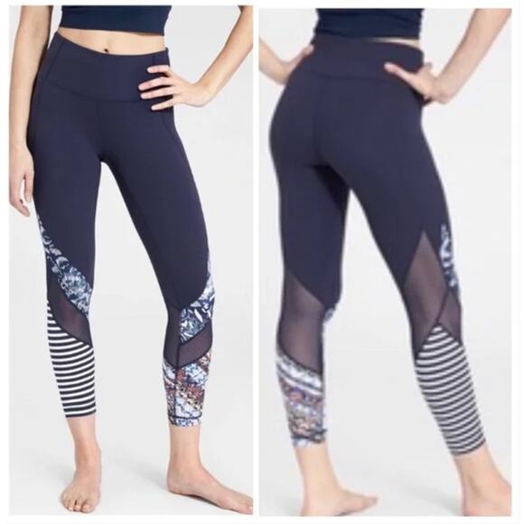 Athleta Womens Medium Print Mix Salutation 7/8 Tight Navy Mesh High Rise Legging - Picture 1 of 8